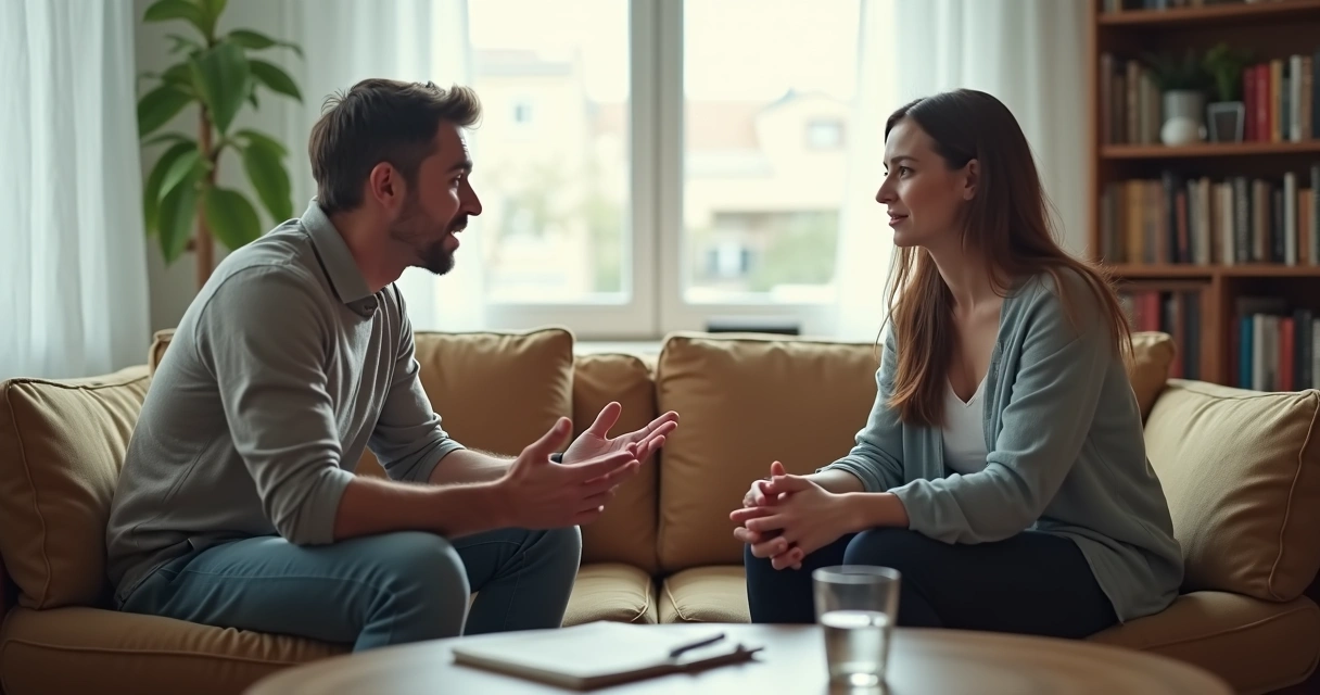 Dois adultos conversando com vulnerabilidade em sofá frente a frente 