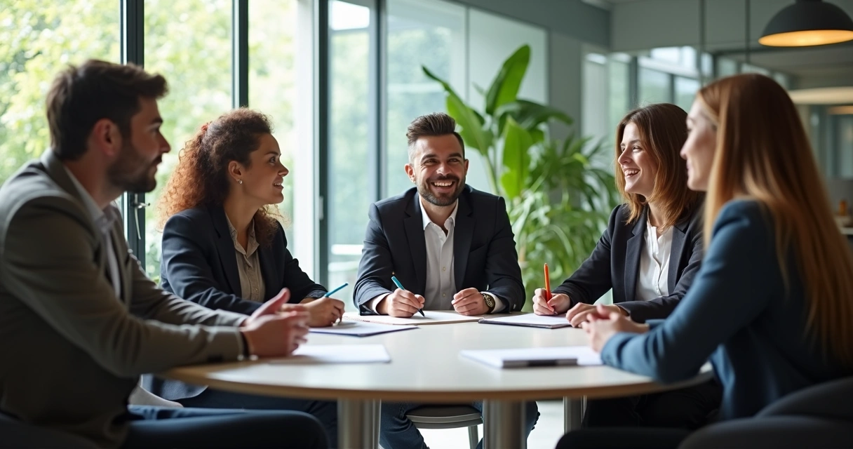 Pessoas ao redor de uma mesa redonda em ambiente corporativo, conversando e anotando ideias 
