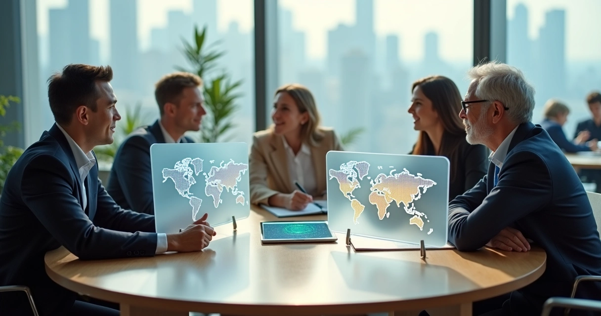 Três profissionais de idades diferentes conversando em torno de uma mesa redonda moderna 