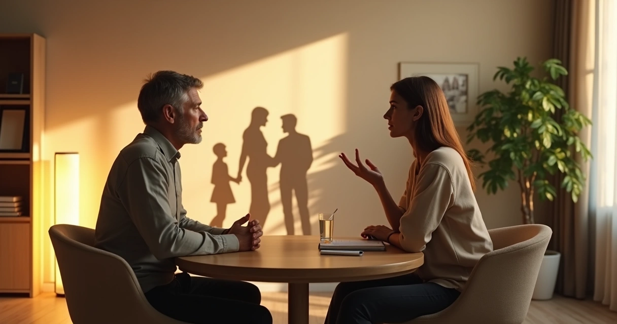 Duas pessoas conversando com sombras de outras figuras ao fundo sugerindo padrões de origem 