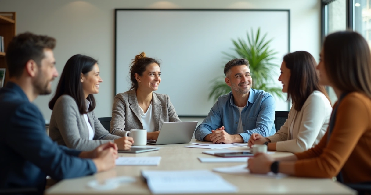 Ambiente de escritório com grupo de pessoas conversando em tom amistoso 