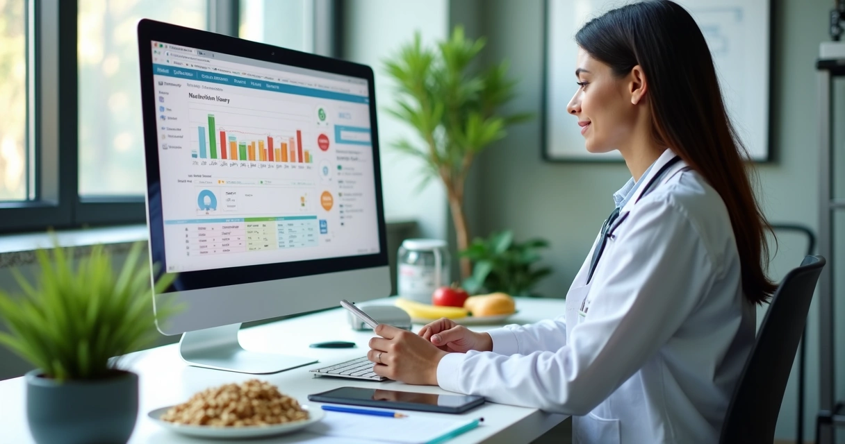 Nutricionista observando diário alimentar digital em tela