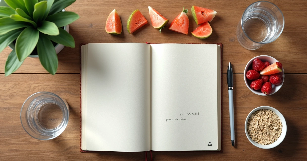 Caderno com registro alimentar e frutas na mesa