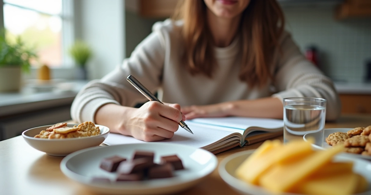 Pessoa escrevendo diário alimentar para monitorar enxaqueca