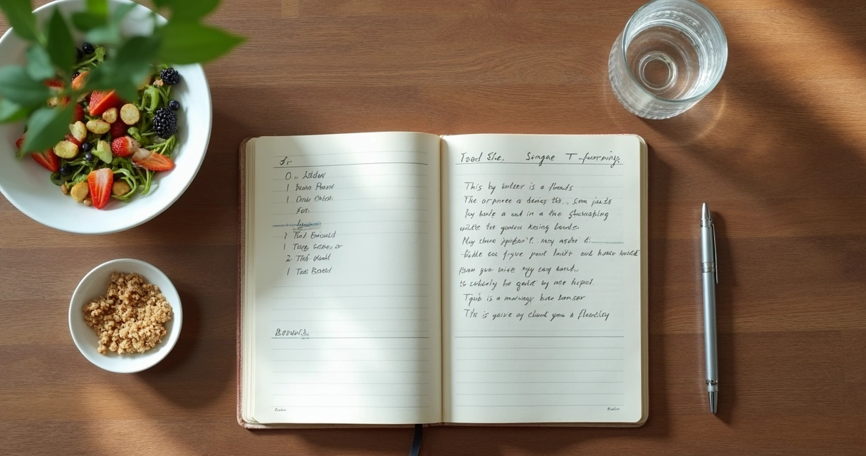 Caderno com diário alimentar ao lado de prato simples e copo d’água 