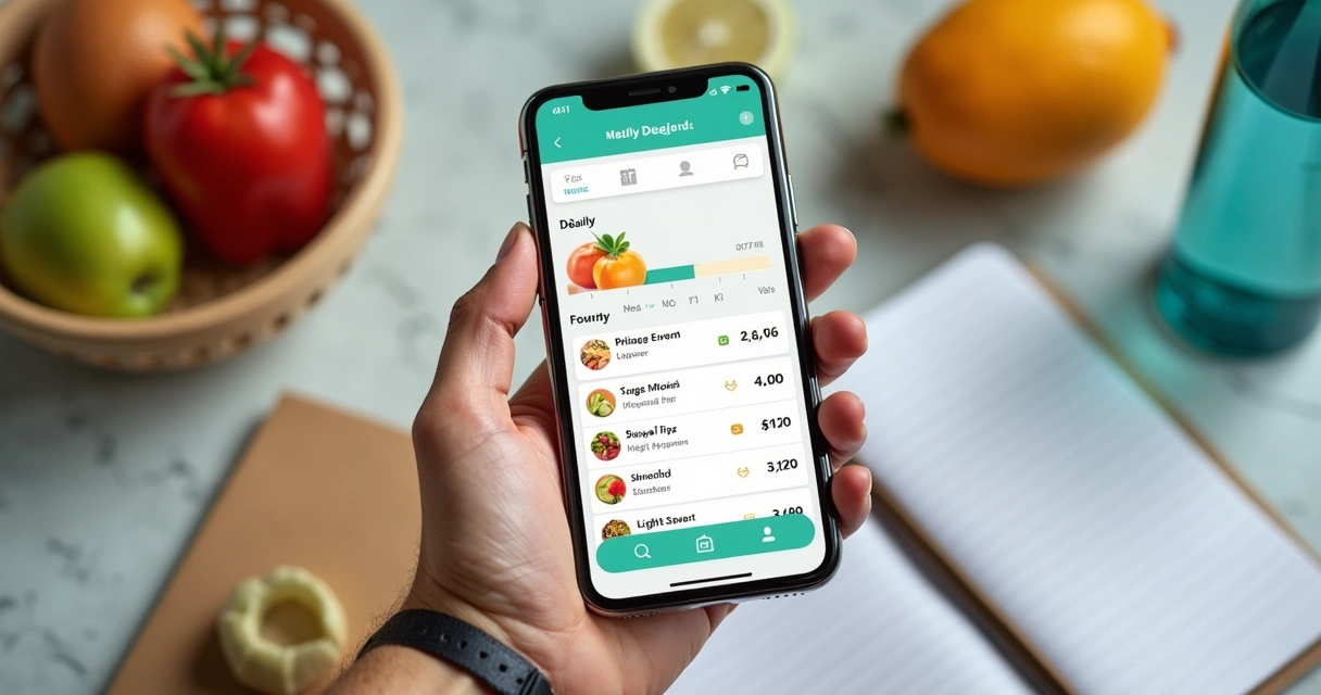 Pessoa usando aplicativo de diário alimentar no celular, interface moderna, gráficos de consumo diário 