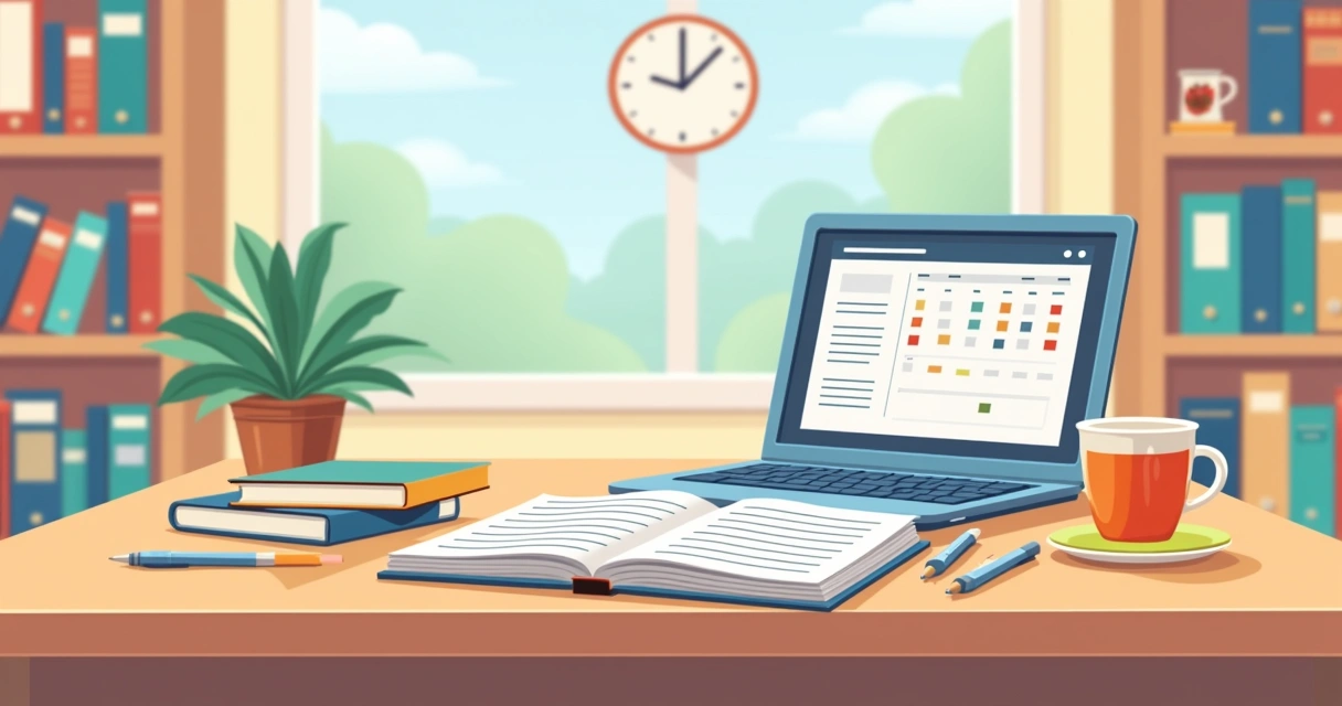 Diário aberto em mesa de escritório com caderno e laptop 