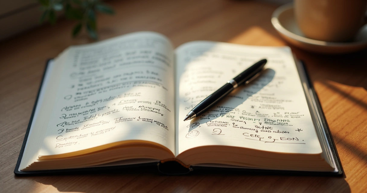 Caderno com anotações de autoconhecimento e uma caneta sobre uma mesa de madeira