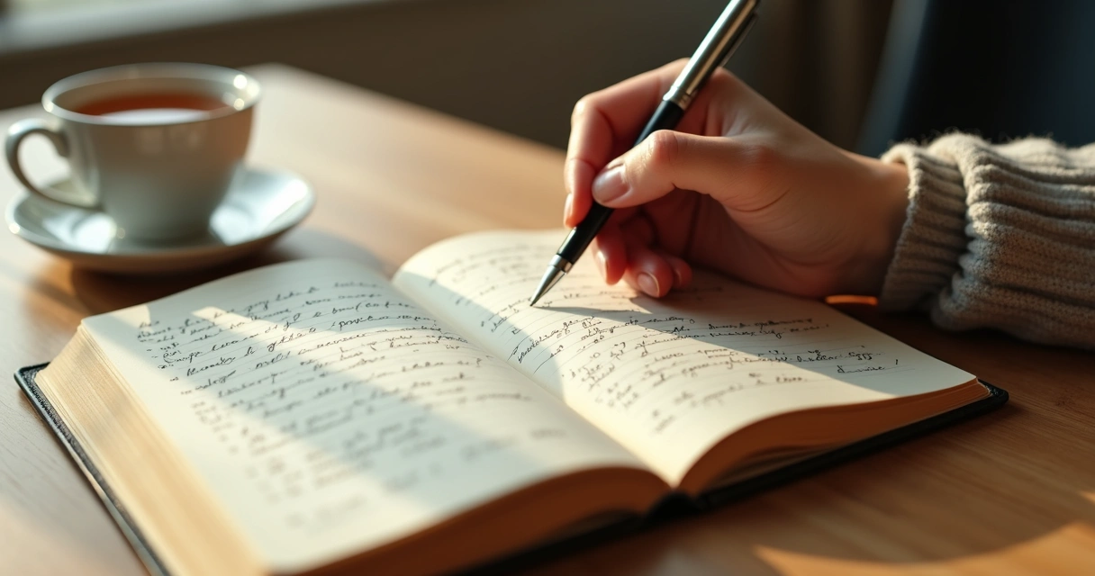Pessoa escrevendo reflexões em diário sobre emoções em mesa de madeira clara