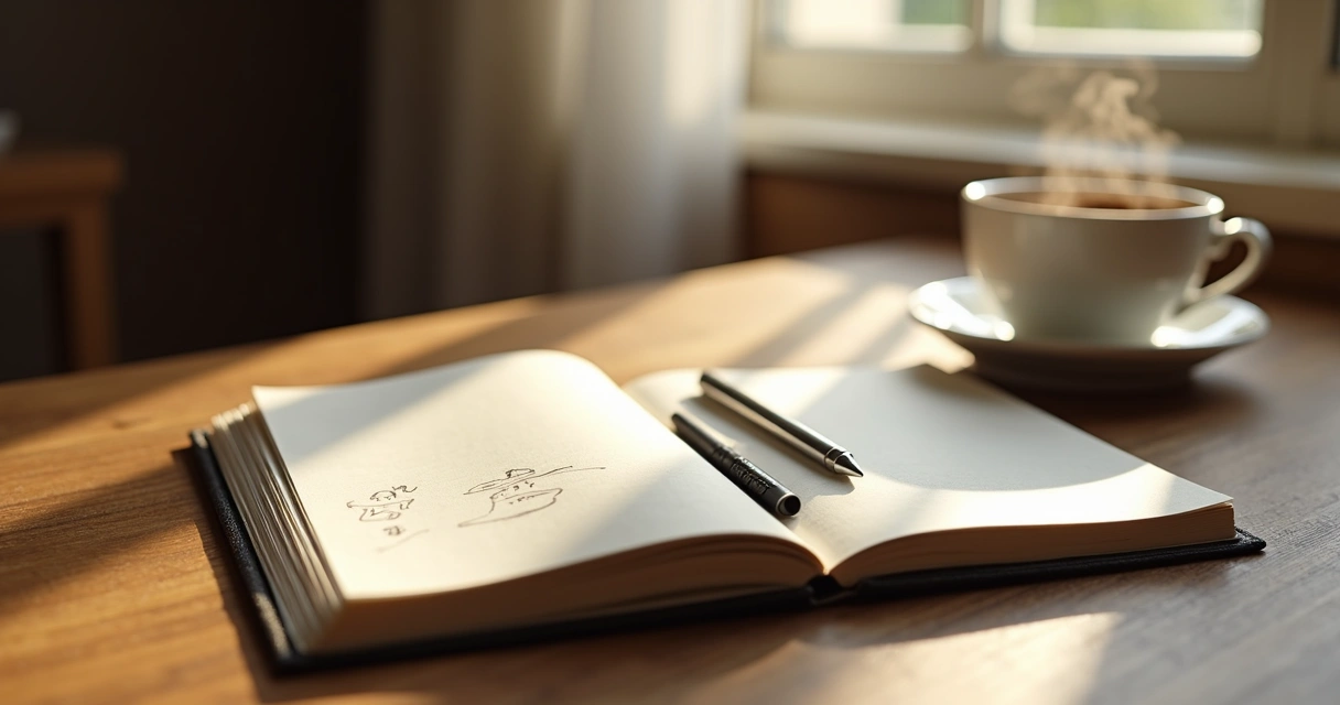 Caderno de anotações ao lado de uma xícara de café 