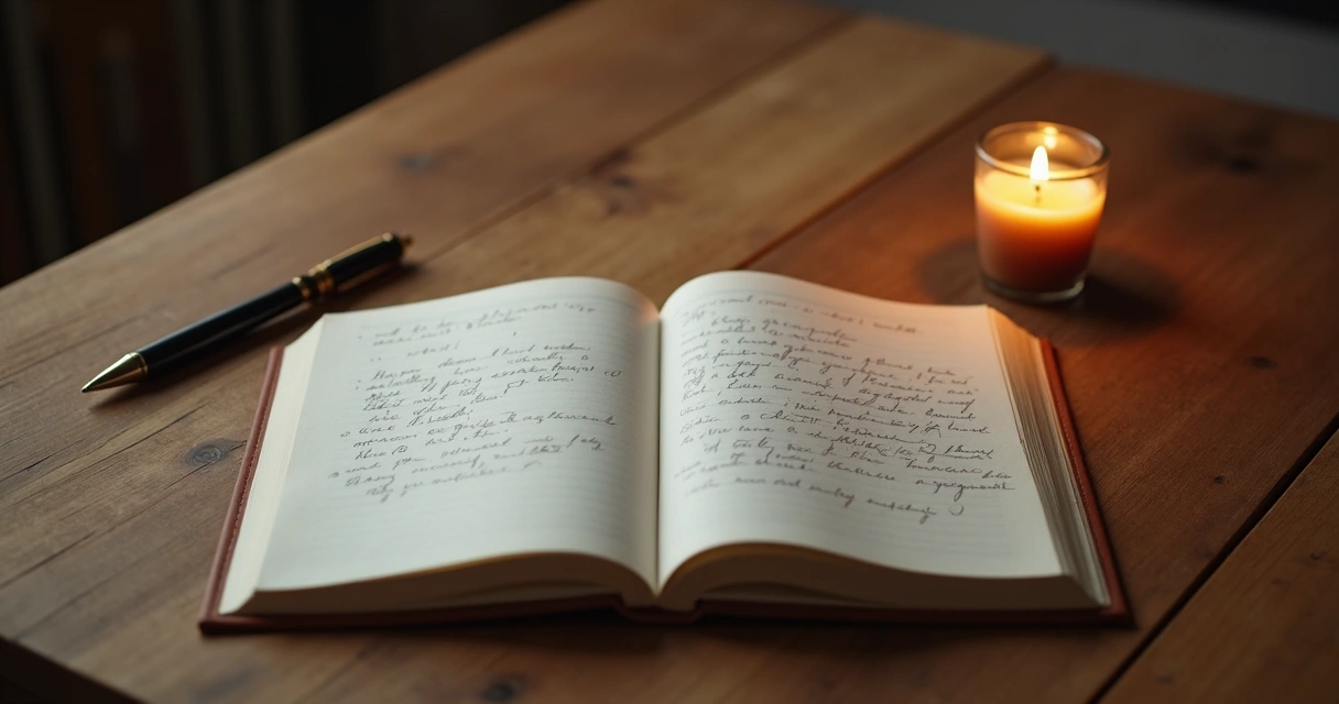 Diario sobre mesa con vela encendida y pluma