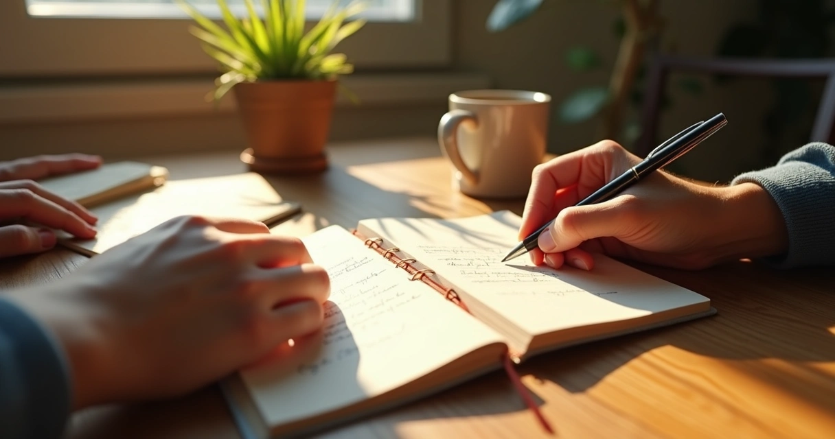 Pessoa escrevendo em diário aberto em mesa de madeira 