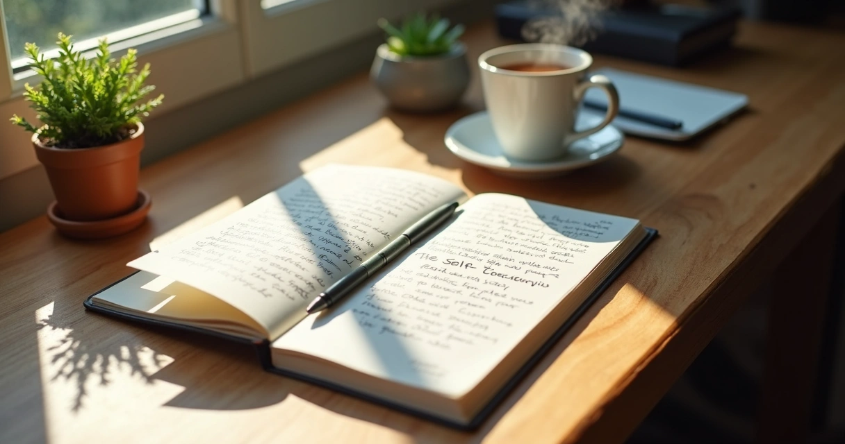 Diário aberto com anotações sobre autocoaching 