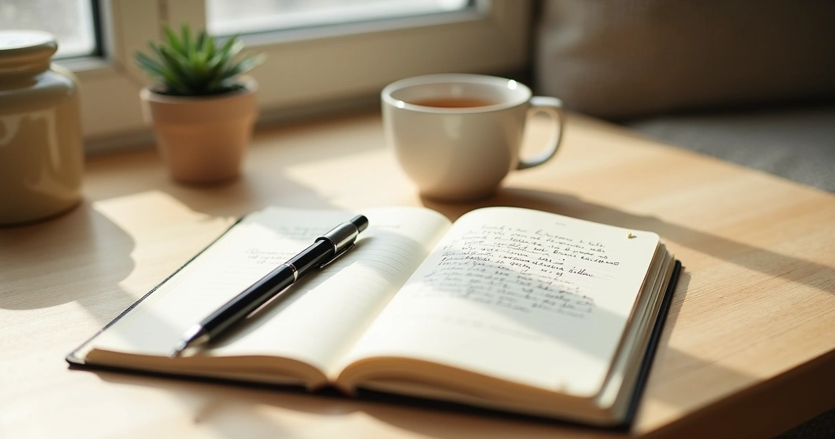 Caderno aberto com escrita reflexiva e xícara de chá ao lado