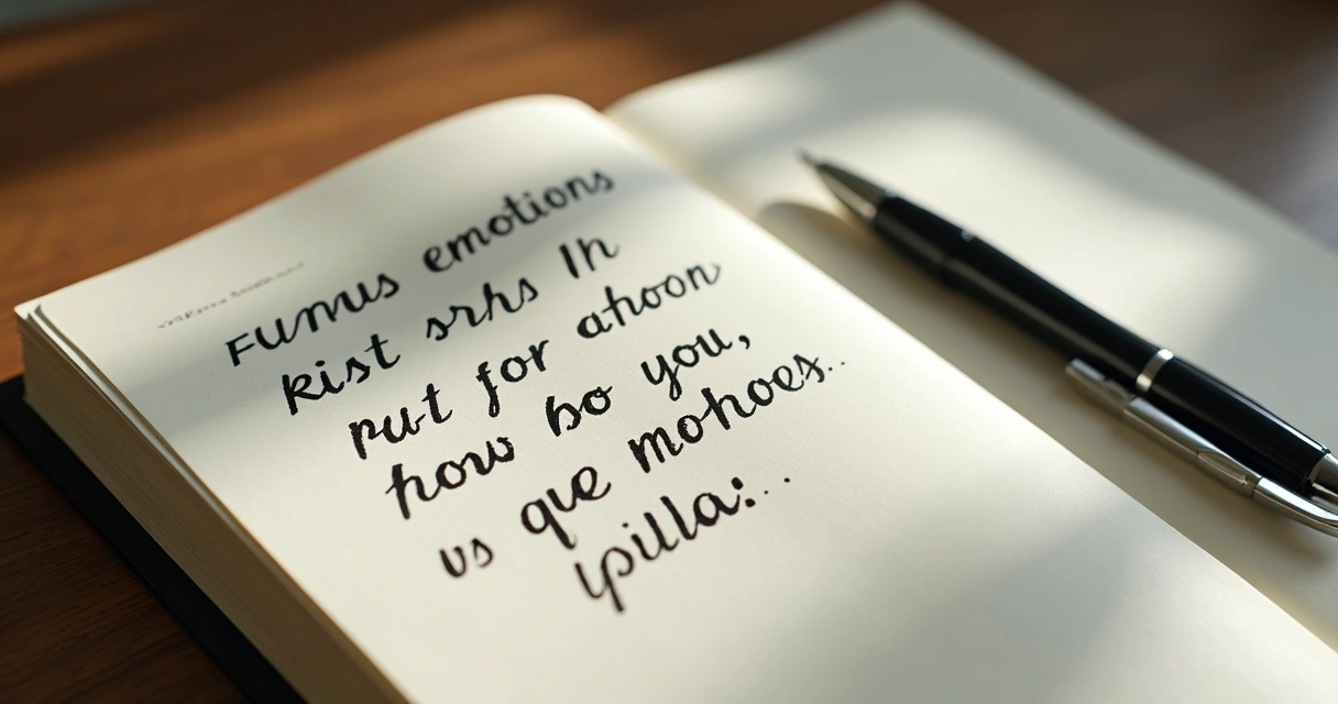 Caderno aberto com anotações manuscritas sobre emoções, caneta ao lado, mesa de madeira clara 