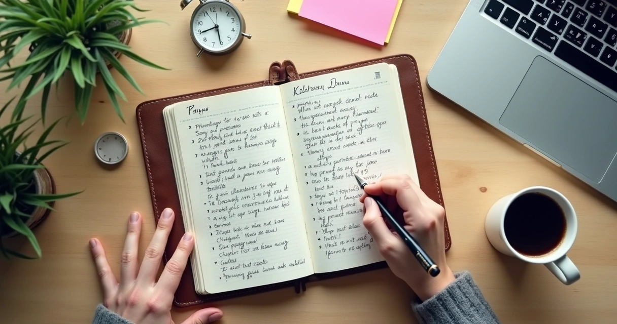 Mãos escrevendo em diário sobre autoconhecimento em uma mesa de madeira clara 