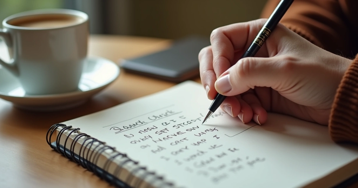 Pessoa escrevendo em diário reflexivo sobre autoconhecimento 