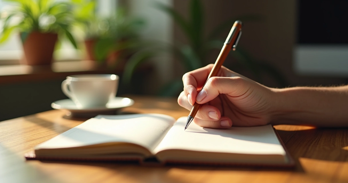 Pessoa escrevendo em um diário com caneta, ambiente calmo, luz suave e plantas ao fundo. 