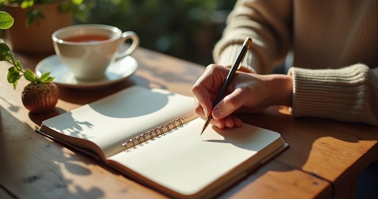 Pessoa escrevendo em diário em mesa com caneca de chá e luz suave 