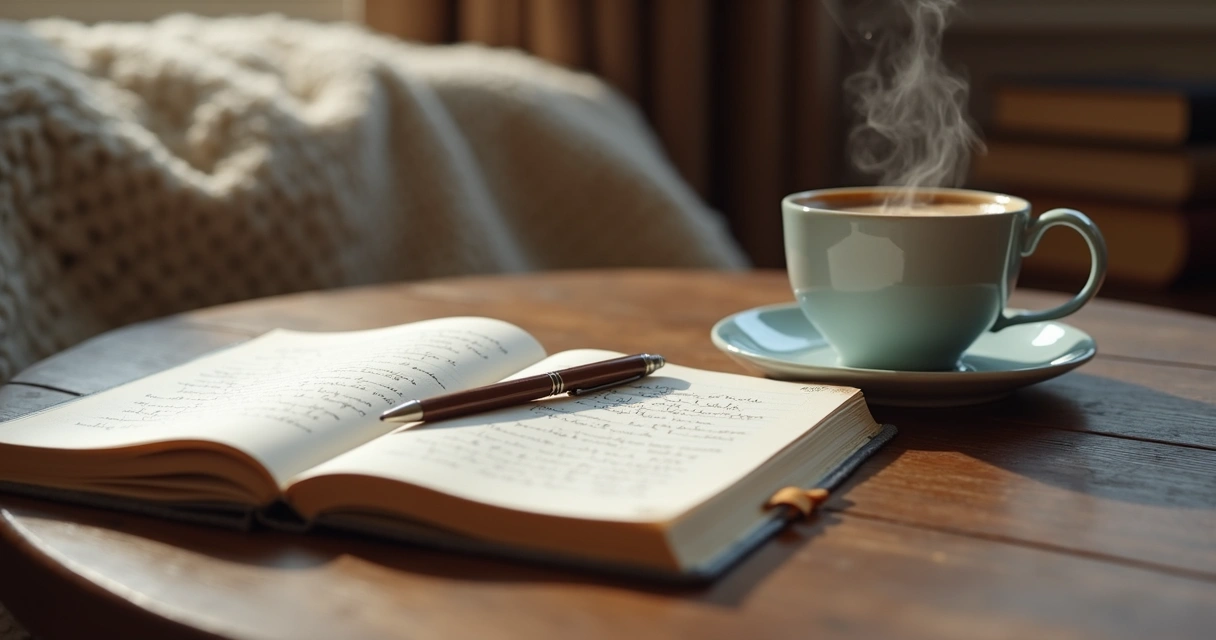 Caderno aberto e caneta ao lado de uma xícara de café, ambiente confortável e tranquilo 