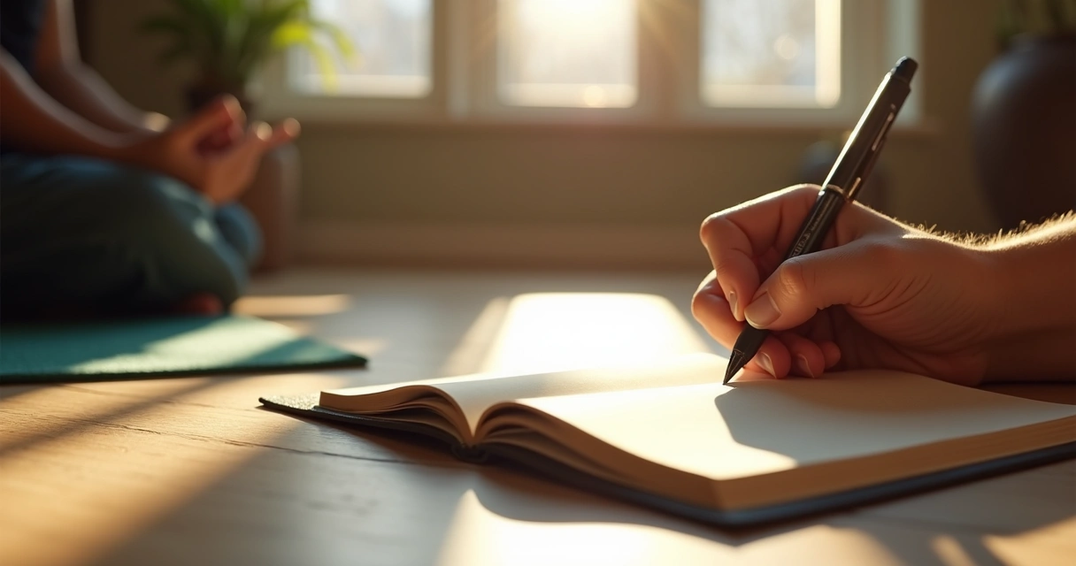 Mão escrevendo em diário próximo a tapete de meditação 