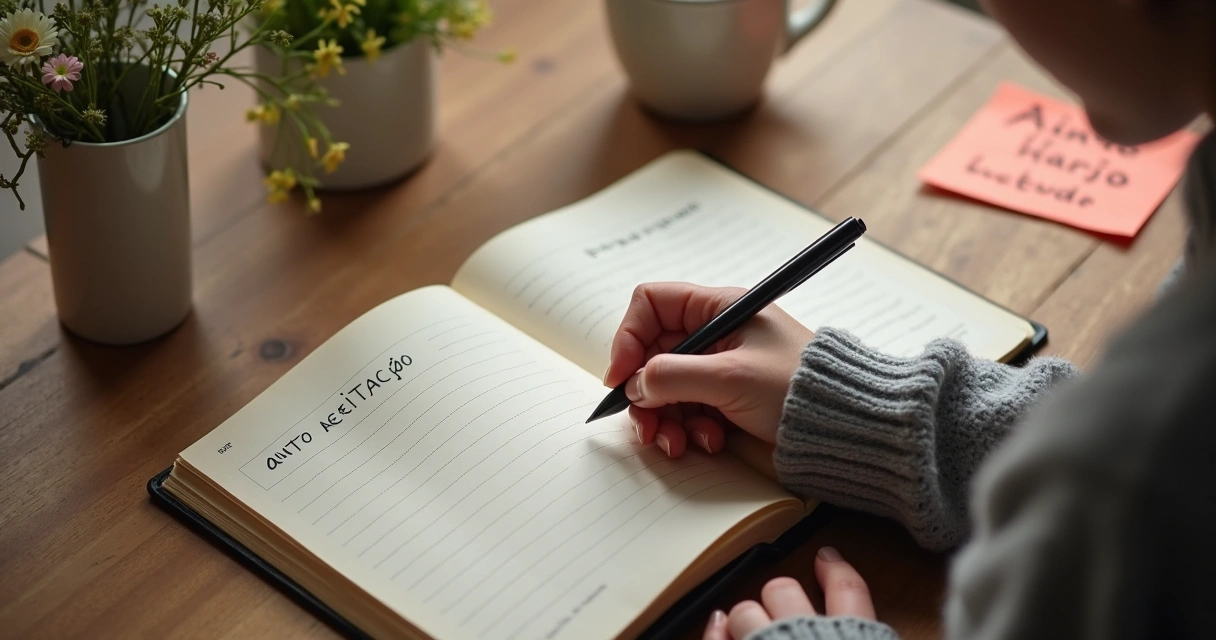 Pessoa escrevendo em diário aberto em cima da mesa