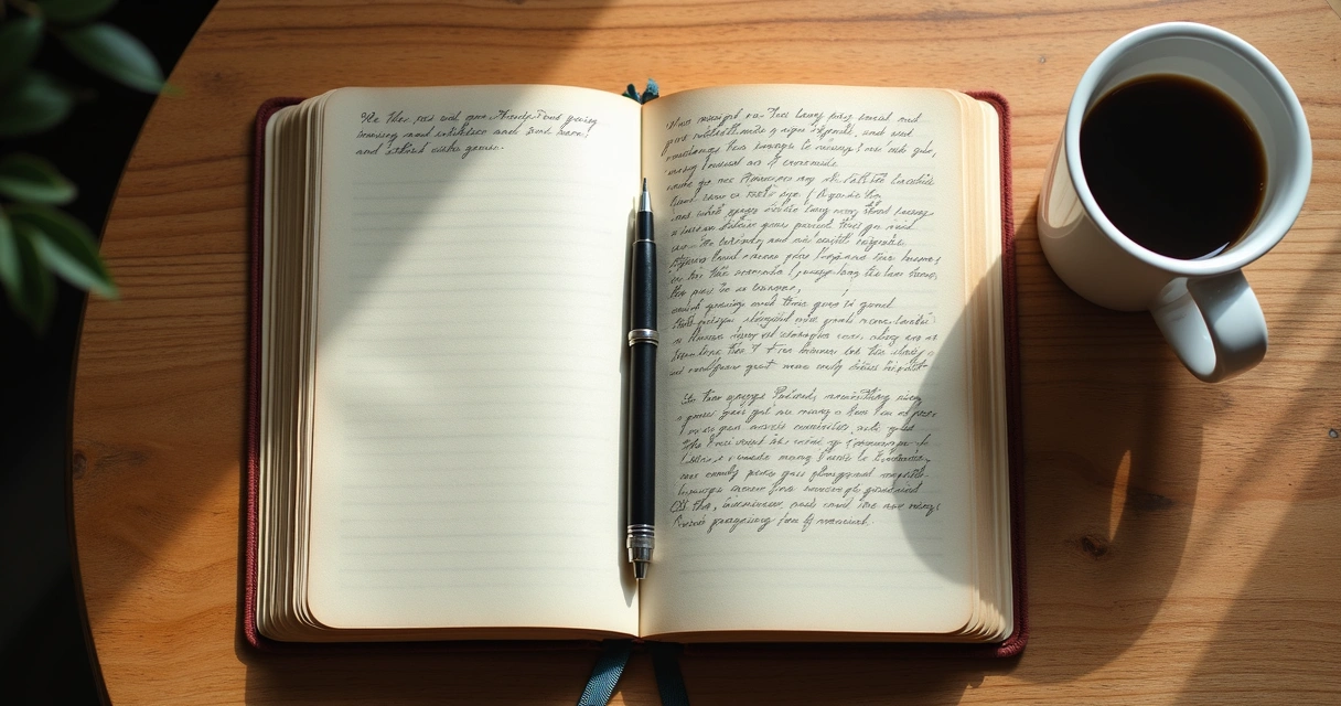 Diario abierto con notas manuscritas y boli sobre mesa de madera junto a taza de café 