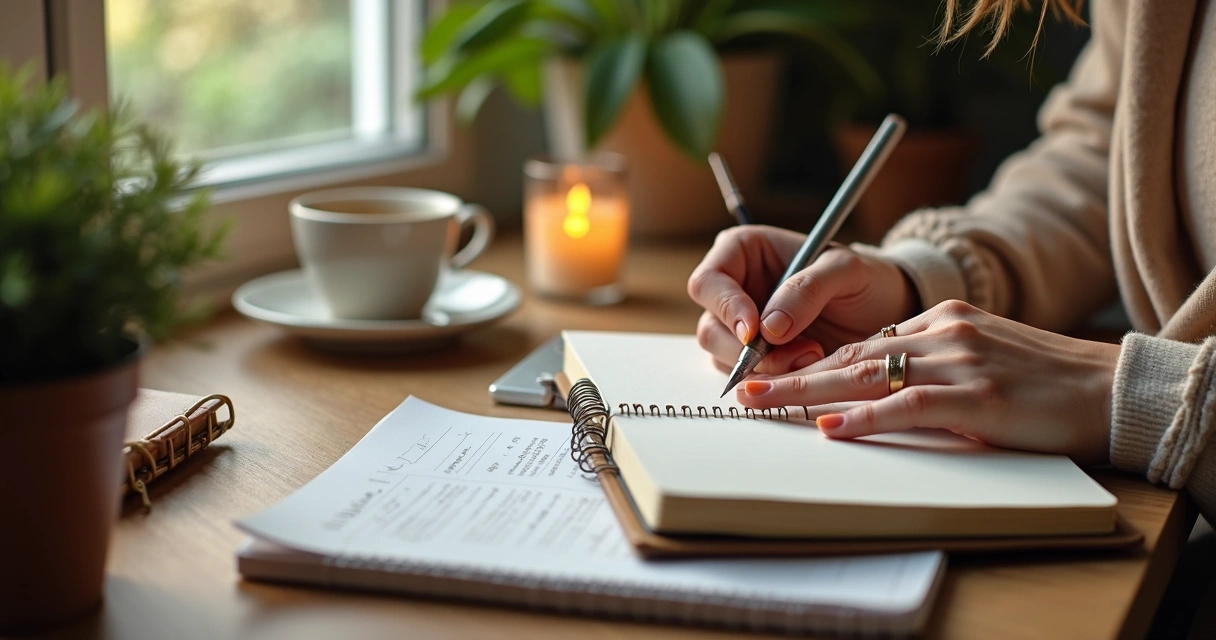 Manos escribiendo en un diario en un escritorio, luz natural 