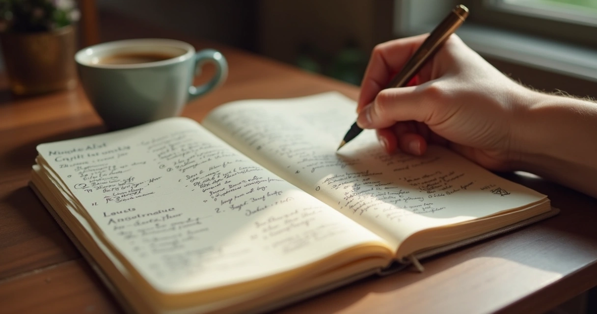 Mano escribiendo en un diario sobre una mesa, taza de café al lado, ambiente cálido y tranquilo 