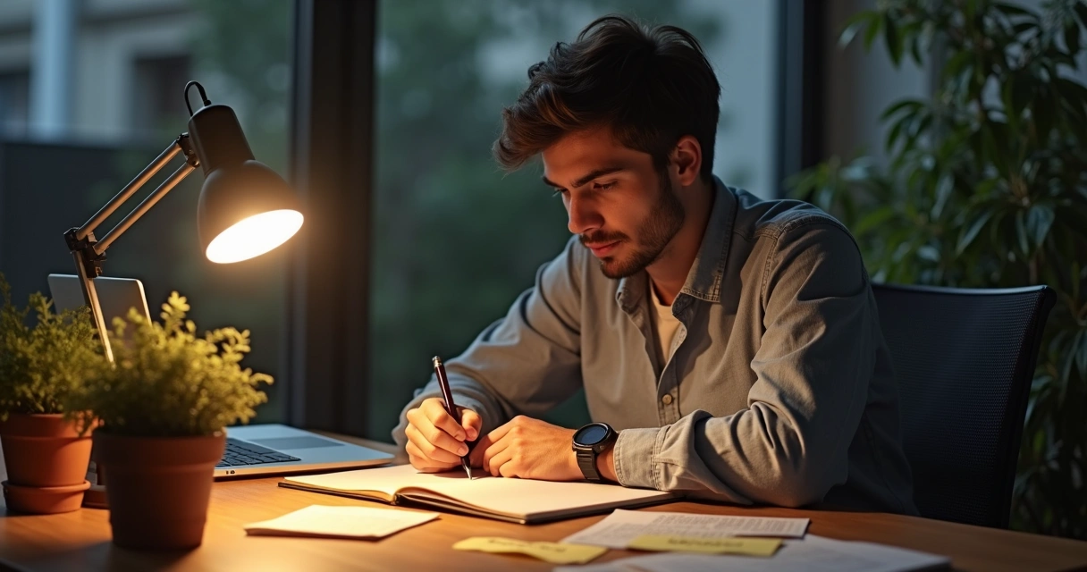 Pessoa anotando reflexões em caderno sobre liderança em mesa de trabalho 