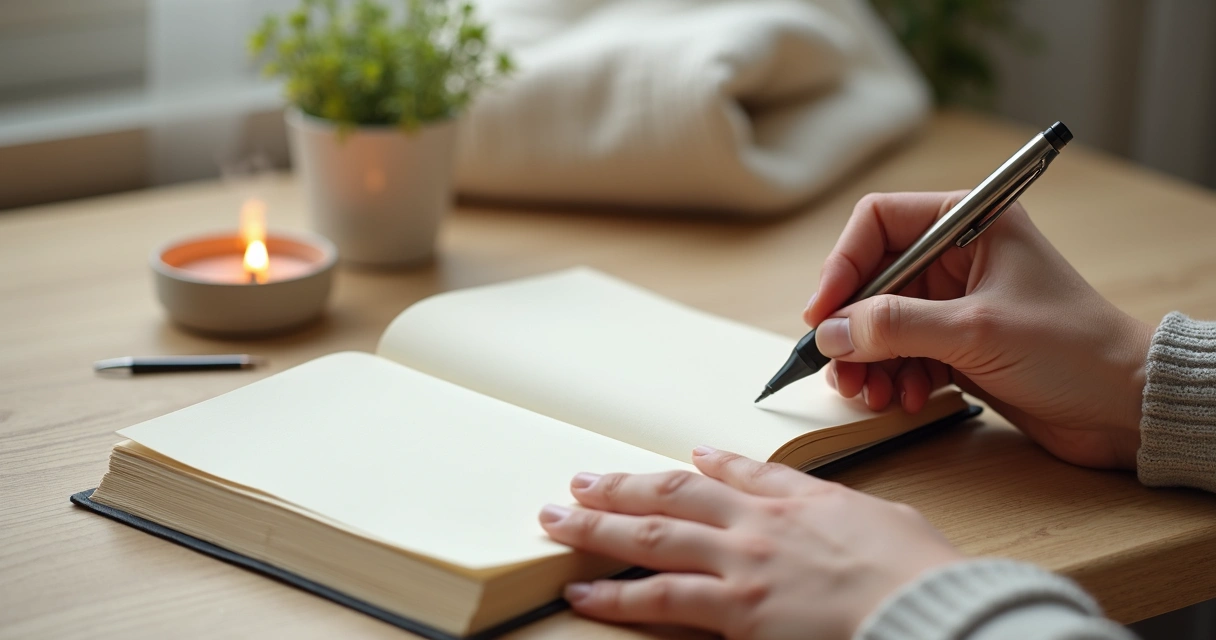 Pessoa escrevendo em diário ao lado de xícara de chá e vela acesa sobre mesa de madeira 