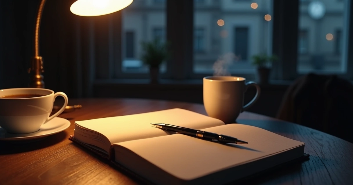 Diário aberto sobre uma mesa à noite com caneta, luminária e xícara ao lado 