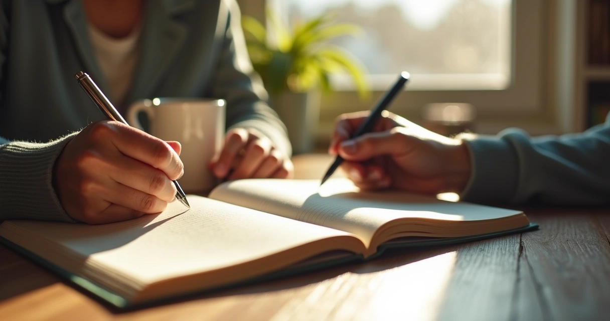 Pessoa escrevendo em diário de autoconhecimento 