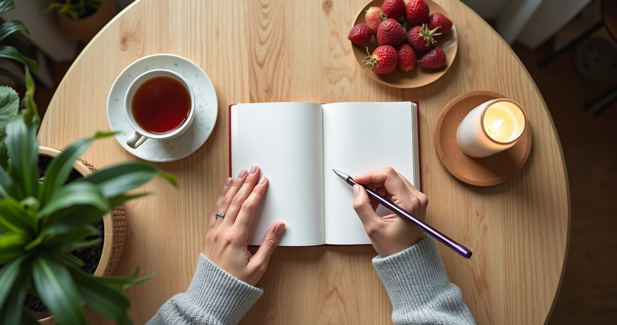 Pessoa escrevendo em diário de autocuidado junto a xícara de chá 