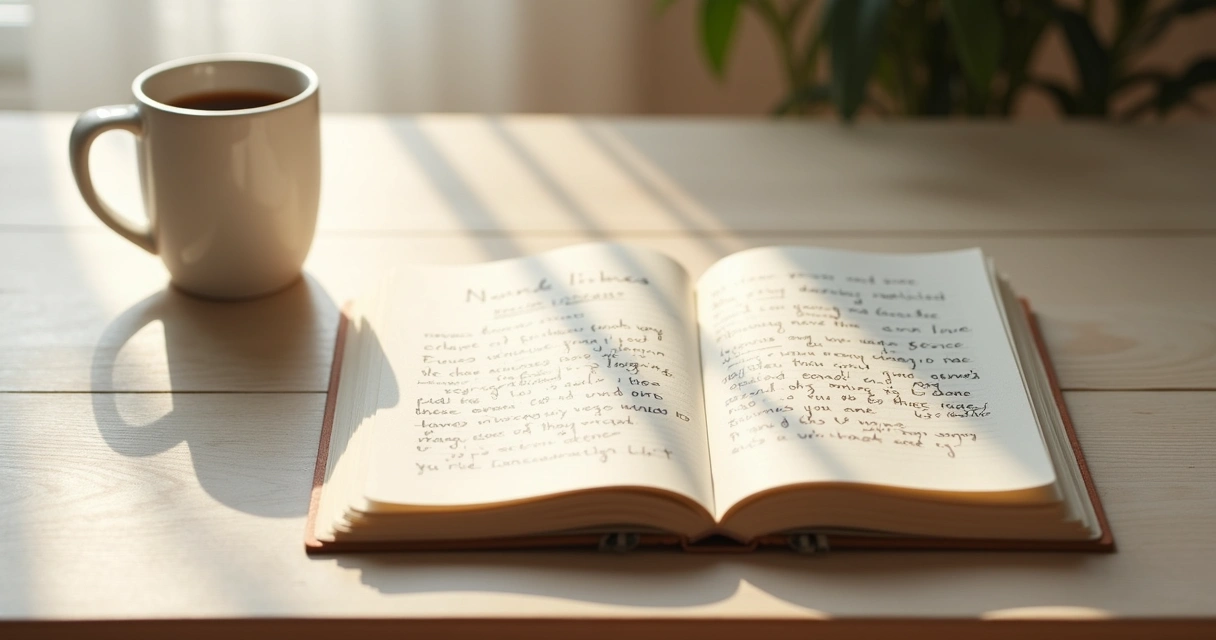 Diário aberto ao lado de uma caneca de café sobre mesa de madeira clara 