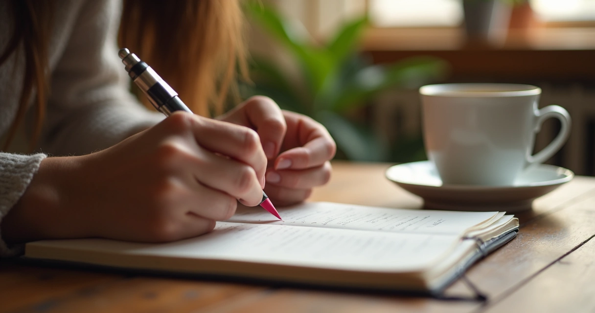 Pessoa escrevendo em um diário numa mesa de madeira ao lado de uma xícara de chá. 