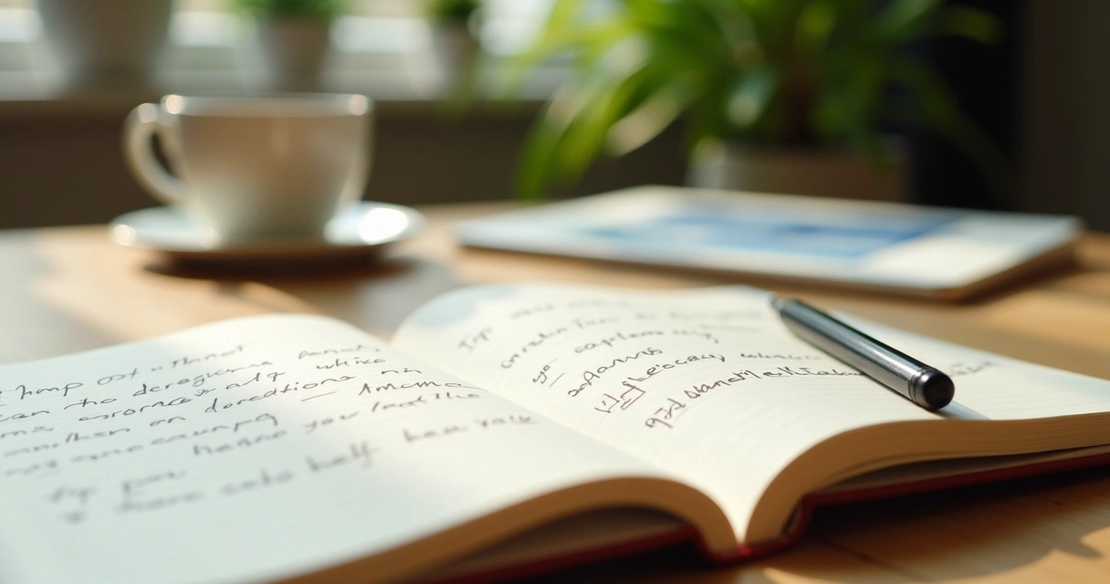 Diario abierto con bolígrafo y notas manuscritas sobre emociones y autocuidado, en una mesa de madera clara