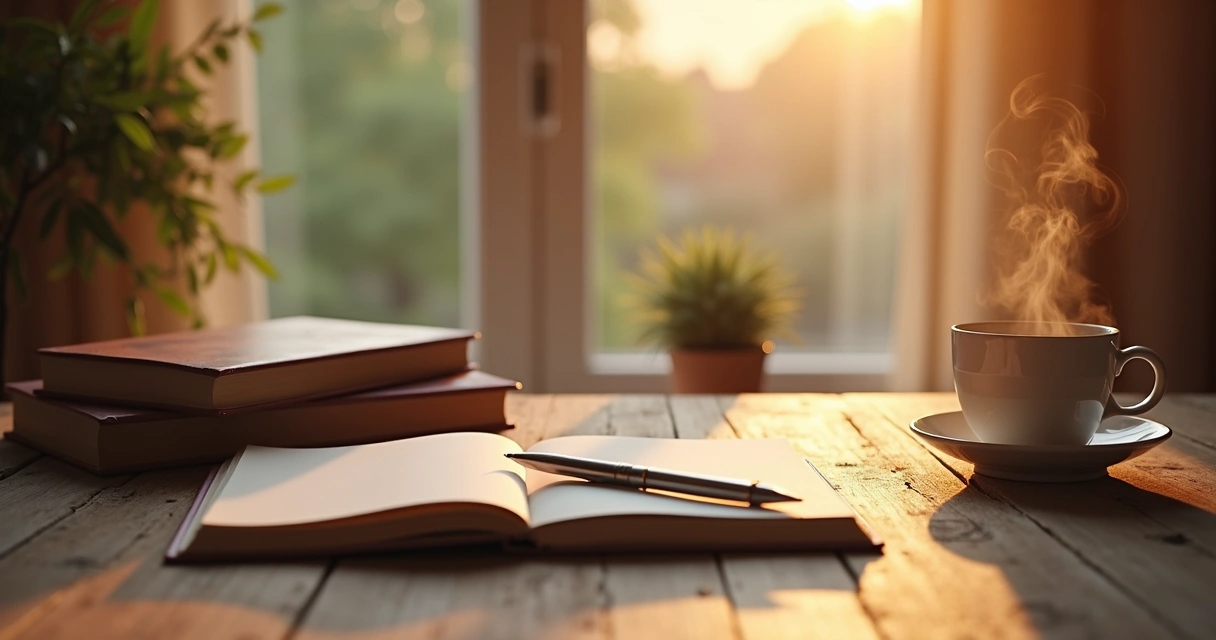 Caderno de anotações e caneca de chá sobre uma mesa, com livros ao fundo 