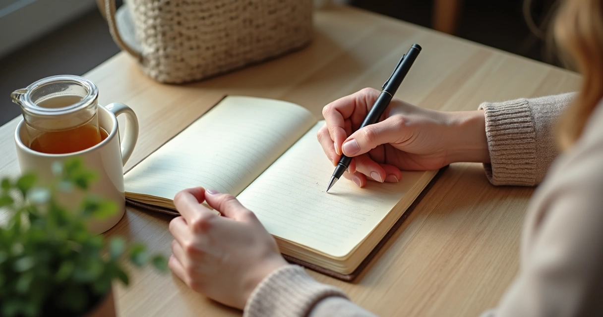 Persona escribiendo reflexiones en un diario abierto en una mesa de madera clara