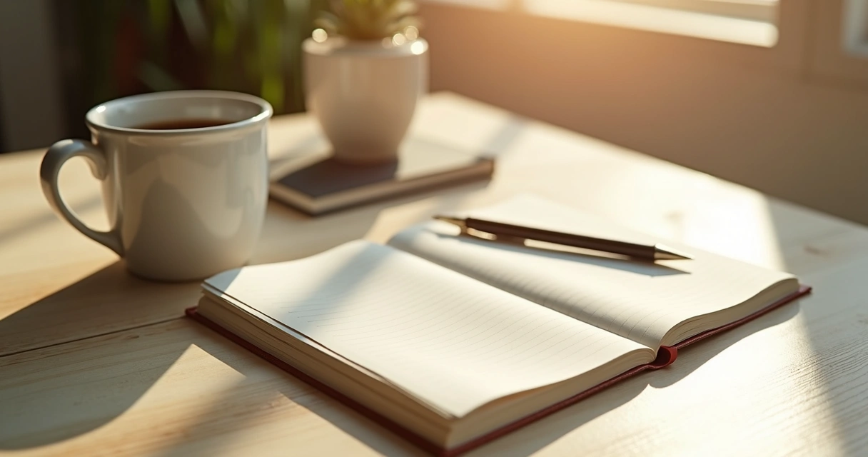 Diario, bolígrafo y taza sobre mesa de madera clara 