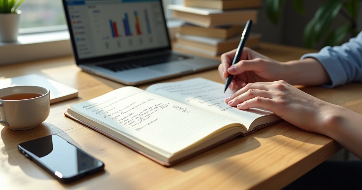 Pessoa escrevendo em diário de autogestão com anotações organizadas sobre a mesa 