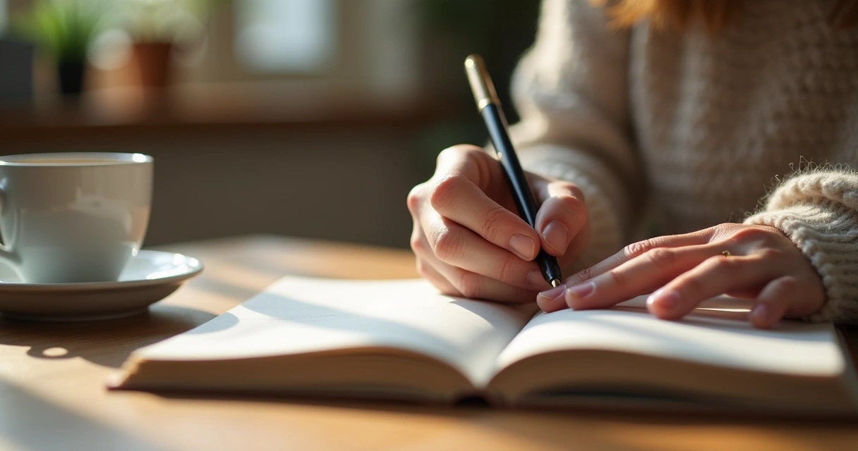 Manos escribiendo en un diario personal con taza de té, ambiente íntimo 