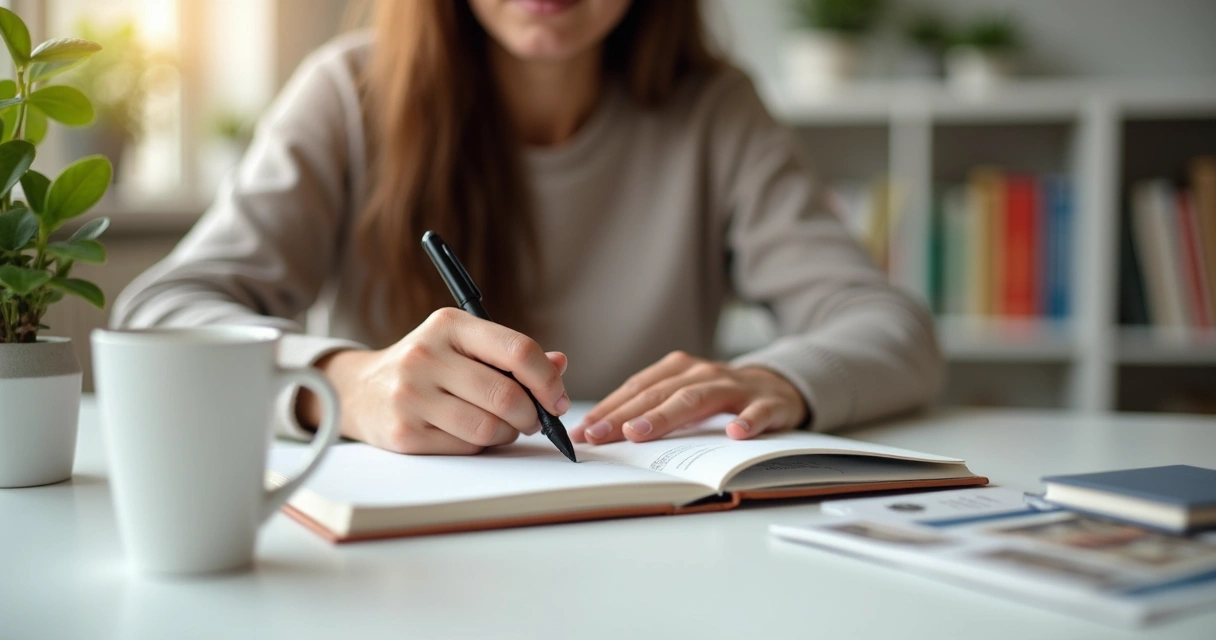 Pessoa escrevendo em diário reflexivo com caneca ao lado 