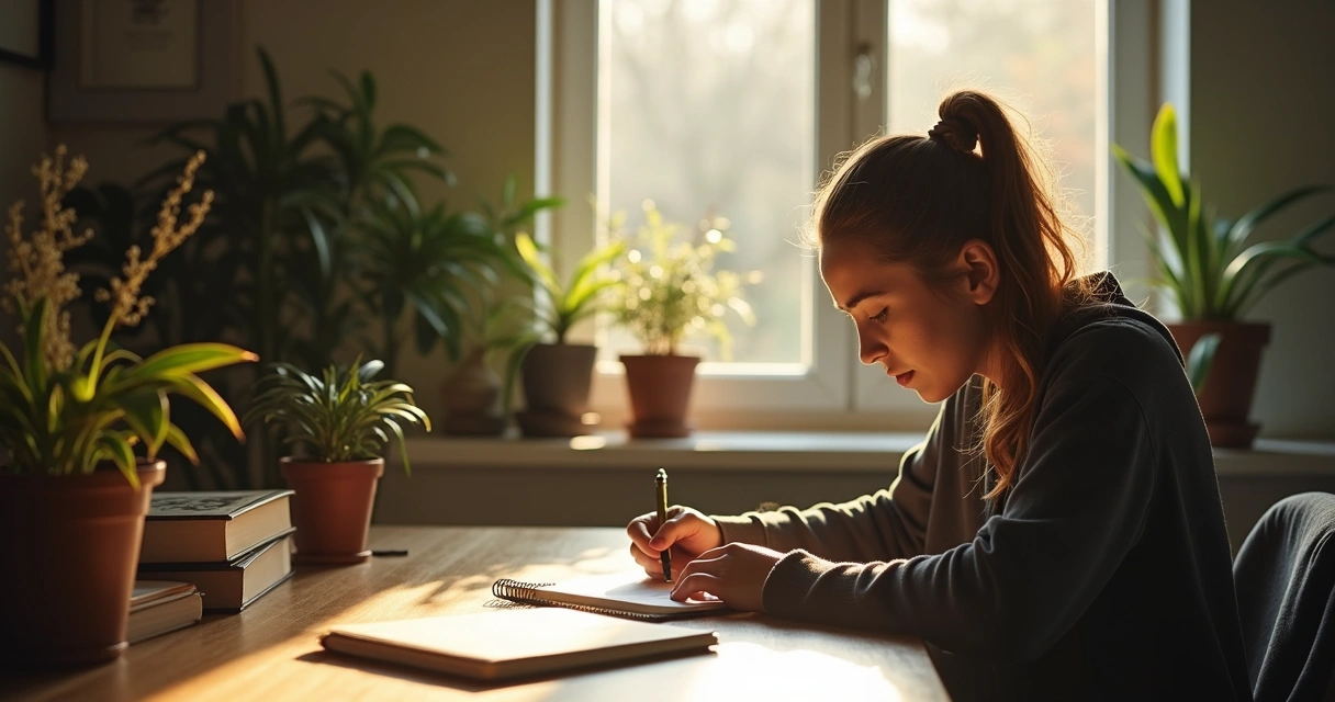 Pessoa escrevendo em diário, com luz natural e ambiente tranquilo ao fundo. 