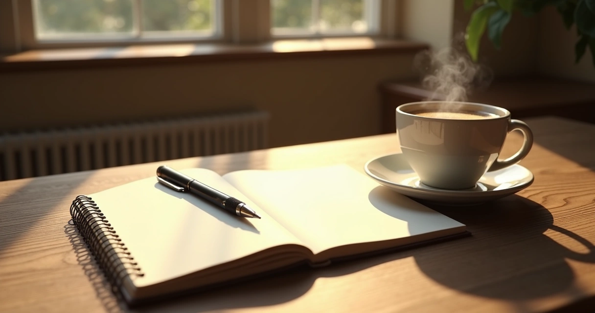 Cuaderno abierto con bolígrafo y taza de café en mesa de madera 