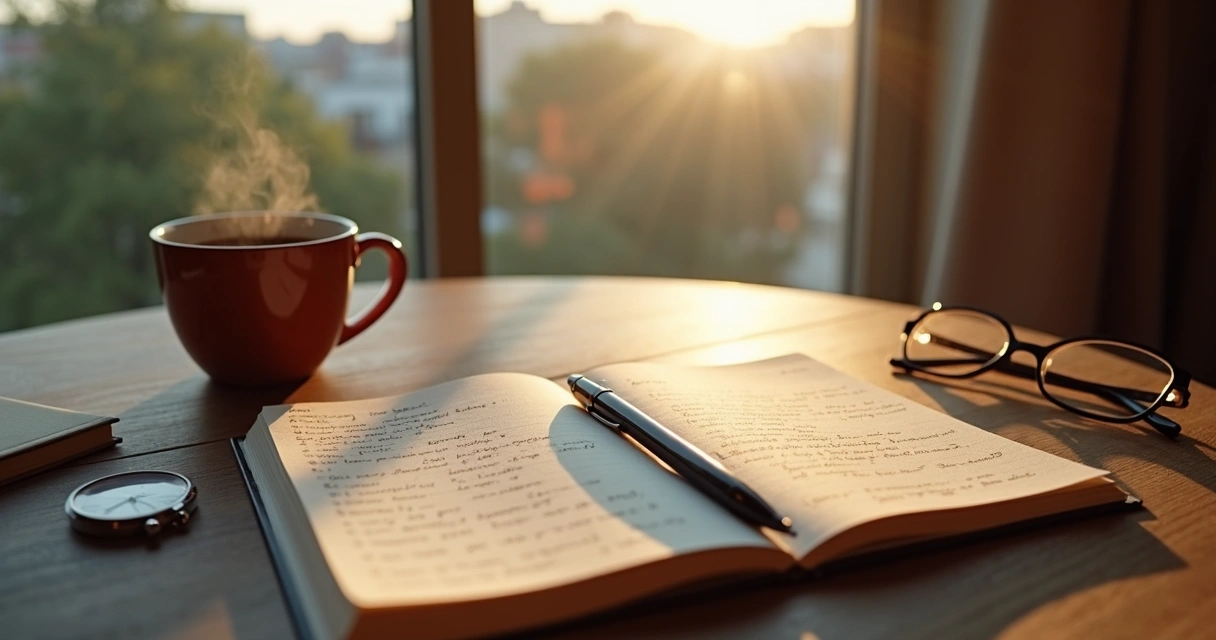 Mesa con cuaderno de autoobservación, bolígrafo y taza de café junto a una ventana 