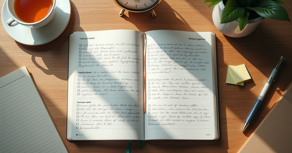 Caderno aberto com anotações de emoções e metas diárias