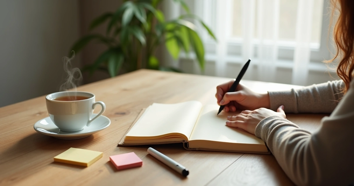 Pessoa escrevendo em diário de autopercepção emocional ao lado de xícara de chá 