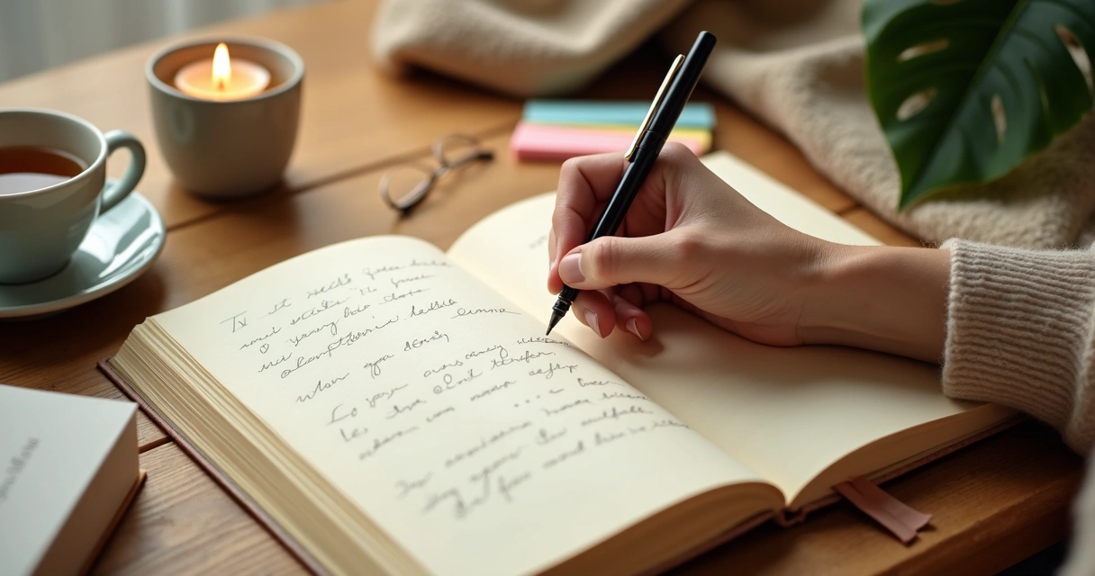 Pessoa escrevendo em diário sobre emoções ao lado de xícara de chá e luz suave 