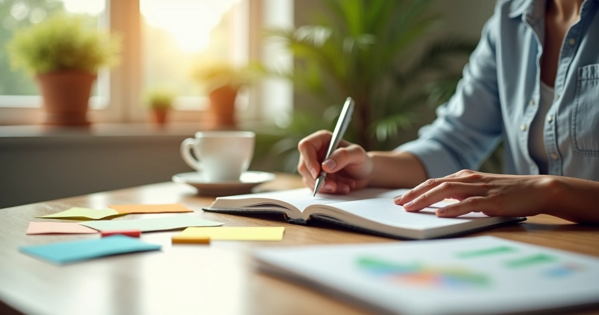 Pessoa escrevendo em caderno de anotações com caneta e xícara ao lado 
